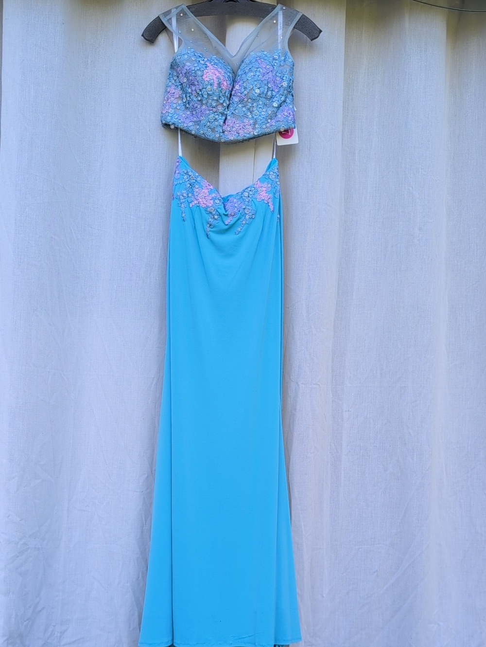 Studio 17 Styl 12499 - Blue Two-Piece Embellished Dress with Pink Floral Accents